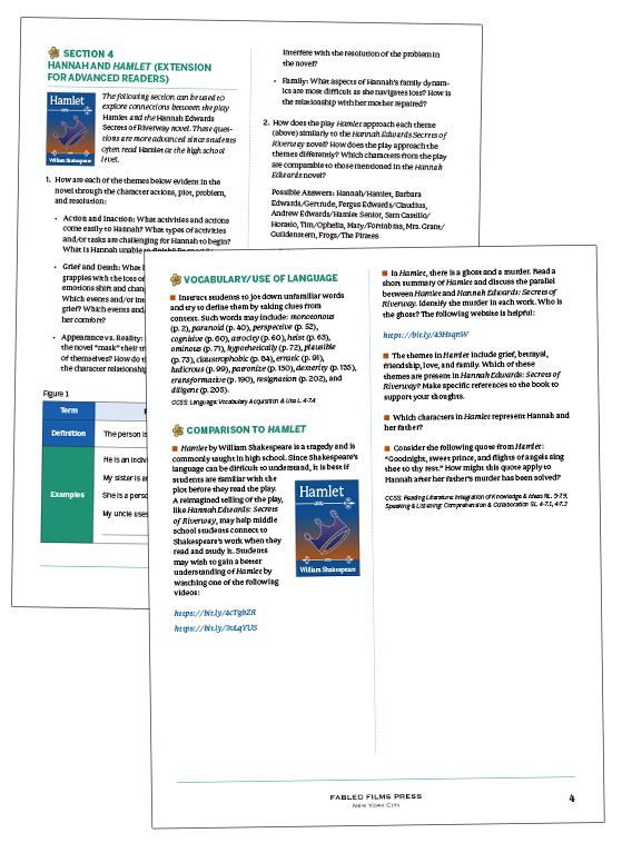 Hannah Edwards Secrets of Riverway Thumbnail of Educational Materials connecting Ashley Hards's book to Hamlet